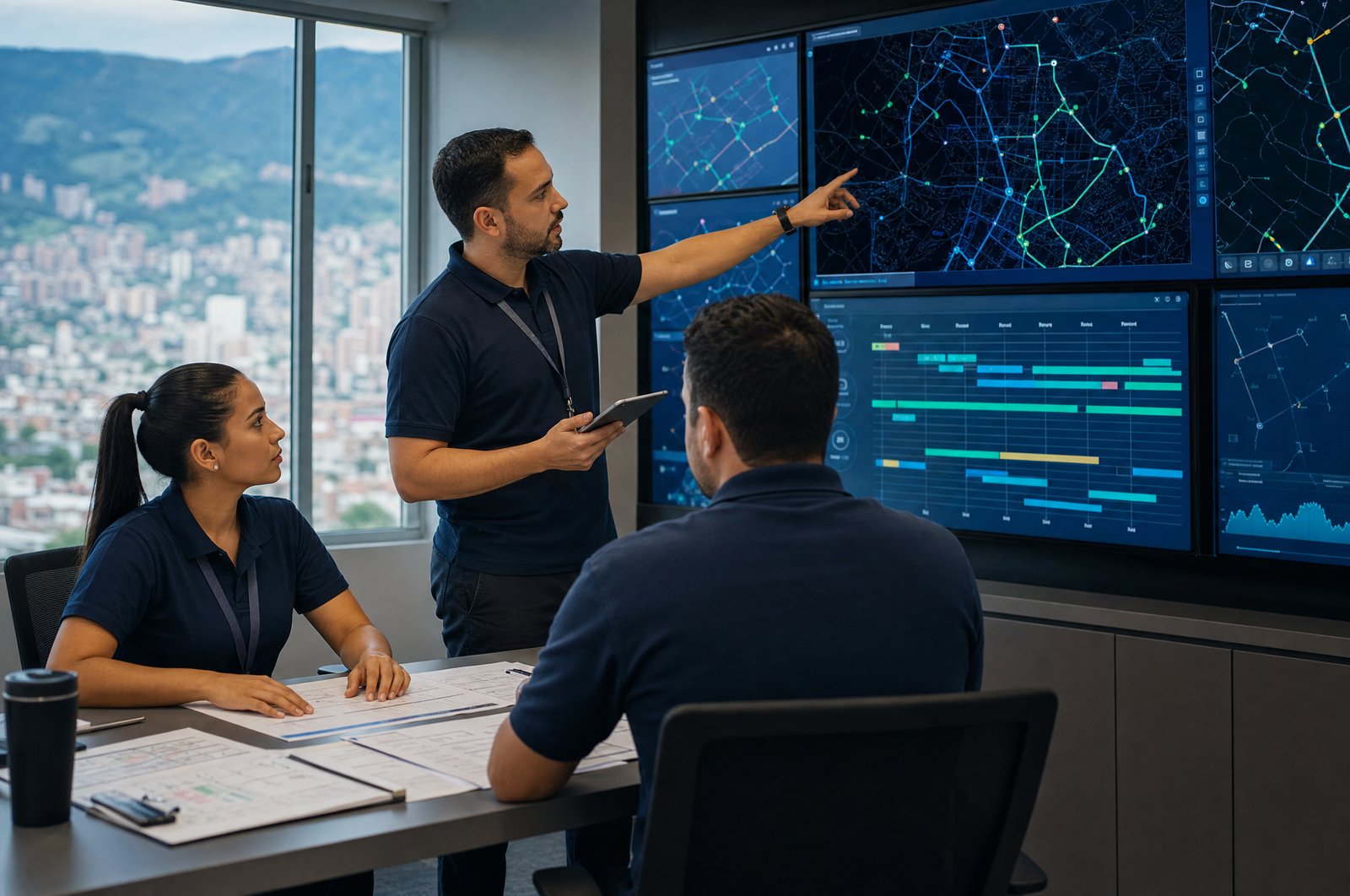 Sala de coordinación operativa con rutas y cronogramas en pantalla