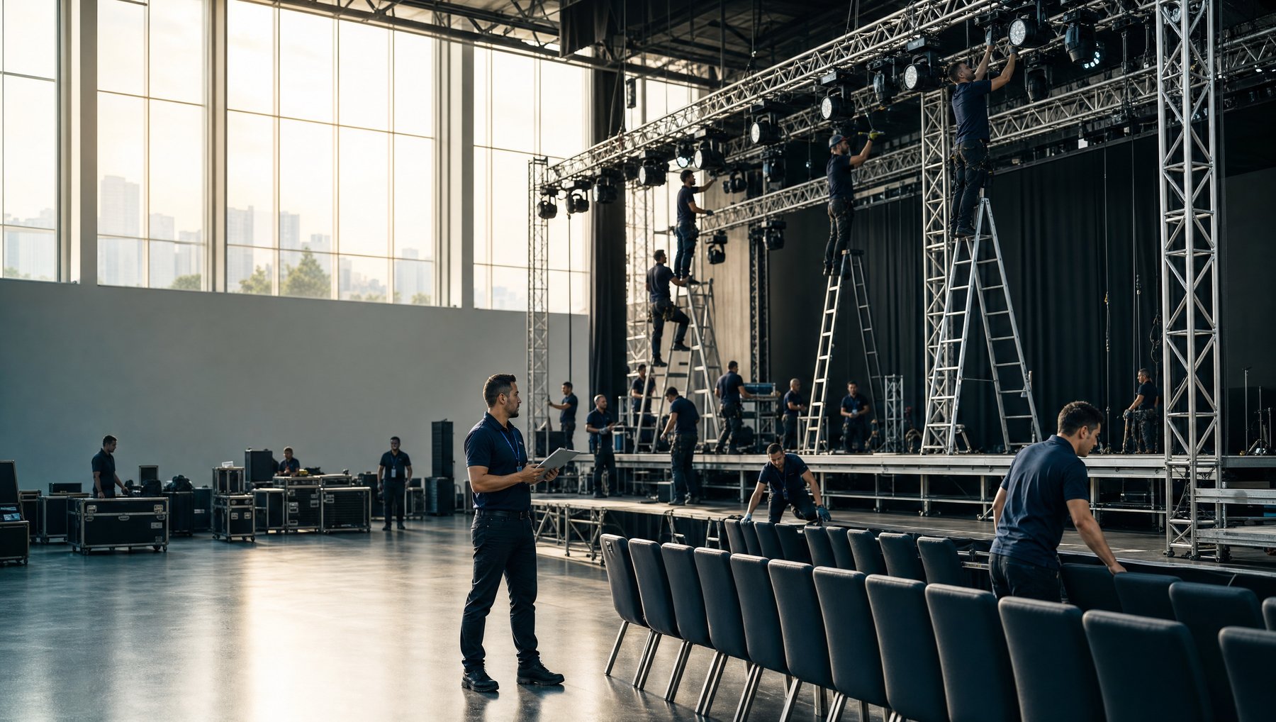 Montaje de tarima, truss e iluminación en un recinto de gran formato